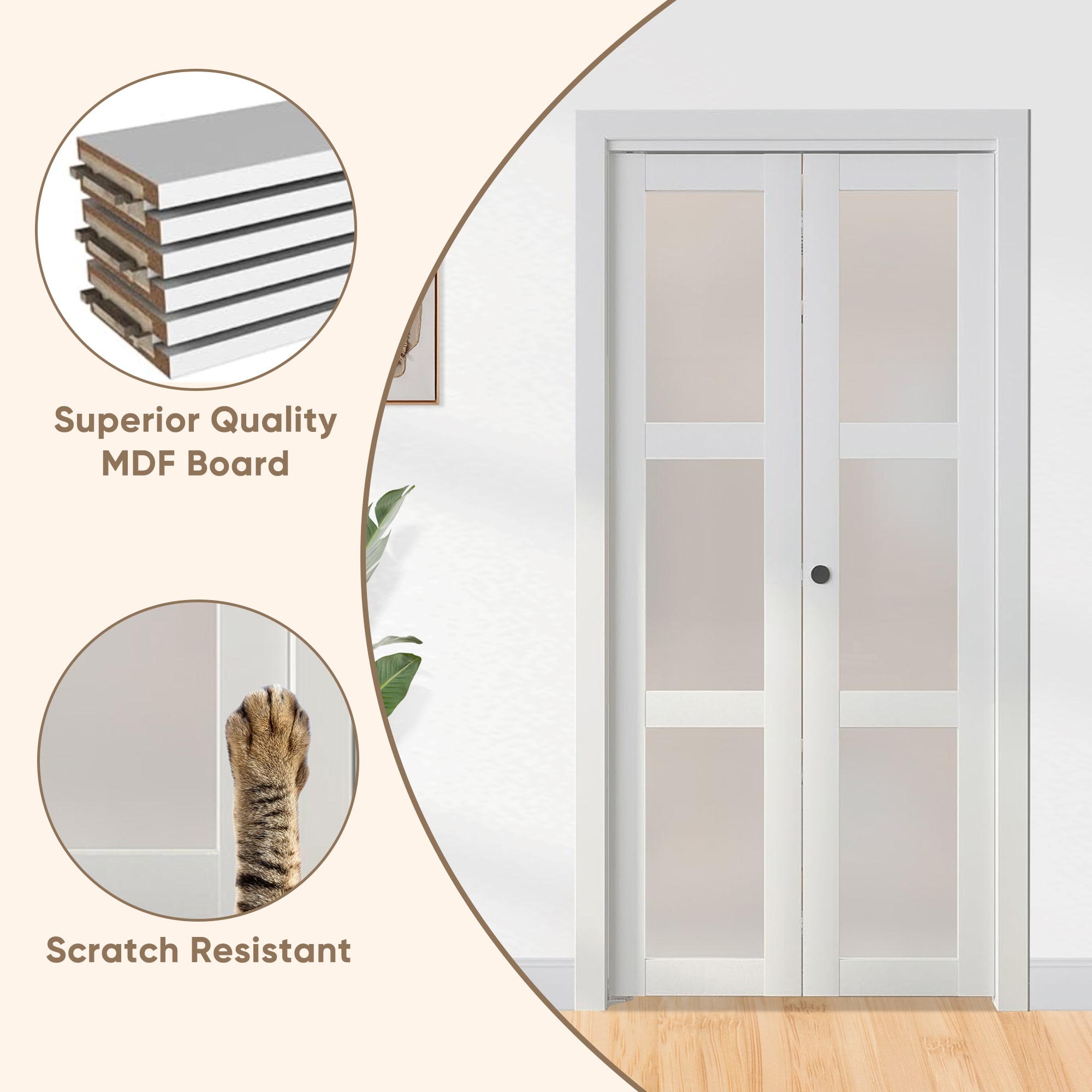 30"x 80" 3-Lite Frosted Glass Bi-Fold Barn Door Solid Manufactured Wood With Installation Hardware Kit_voghion.com